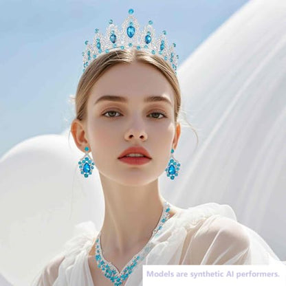 Kamirola Bridal Wedding Tiara Crown Jewelry Set for Women/Brides/Bridesmaids Crystal Jewelry Set for Wedding Prom Party Bridal Crystal Necklace Earrings Bracelet Set(TR60) - color: Silver Skylbue