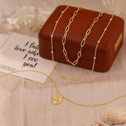 Layered Necklaces for Women, Simple Gold Necklace Stack Dainty 14K Gold Plated CZ Disc Pendant Necklace Set Non Tarnish Gold Jewelry Gifts - color: Gold-Paperclip+Beaded+Sun