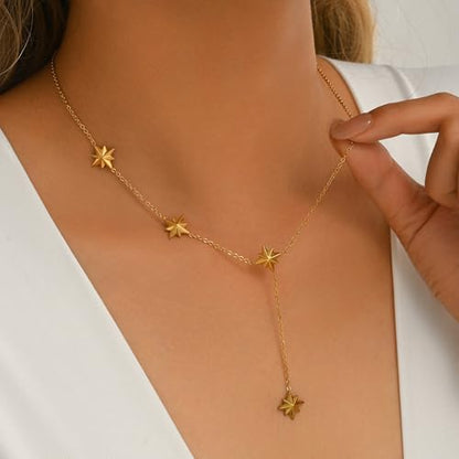 Dainty Y-Shaped Lariat CZ Drop Charm Pendant Necklaces for Women - color: Star-GD