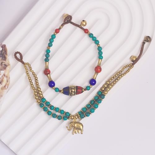 Petite Adjustable Boho Bracelet for Small Wrists 6-7.5 Inch - Handmade Nepalese Buddhist Prayer Bracelet with Elephant Charm, Brass Bell, Turquoise Stone & Tibetan Mantra Beads, Spiritual Lucky Gift - color: Green-2Pcs