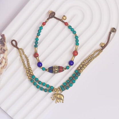 Petite Adjustable Boho Bracelet for Small Wrists 6-7.5 Inch - Handmade Nepalese Buddhist Prayer Bracelet with Elephant Charm, Brass Bell, Turquoise Stone & Tibetan Mantra Beads, Spiritual Lucky Gift - color: Green-2Pcs