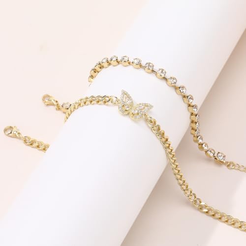 JATEBI 14K Gold Plated Layered Butterfly Zircon Anklet Set for Women | Trendy Delicate Gold Ankle Bracelets Ideal Summer Beach Foot Jewelry Nice Holiday Birthday Present For Modern‑Style