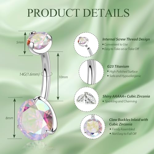 FUNLMO 14G Belly Button Ring Titanium Belly Button Piercing Belly Ring Internally Threaded Navel Piercing Jewelry - color: Silver-Aurora Borealis CZ