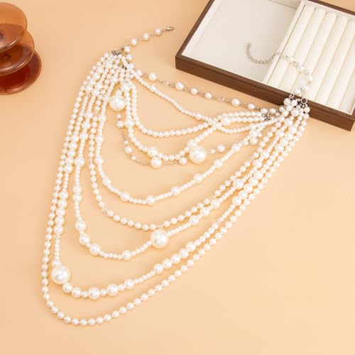 Layered Faux Pearl Necklace for Women Long Multi Strand Statement Necklace Vintage Flapper Beaded Necklace Gatsby Style Jewelry for Party Wedding Outfit