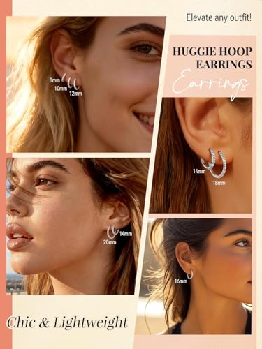 FaithHeart 925 Sterling Silver Post Small CZ Huggie Hoop Earrings for Women | Hypoallergenic Small Cubic Zirconia Hoop Earrings, Silver/Black/Gold/Rose Gold Huggie Earrings, 8-20mm with Gift Box - color: Silver, size: 16mm