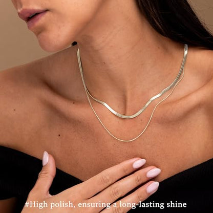 3PCS Gold Necklaces for Women,Chunky Statement Gold Plated Necklace Stack Layered Sterling Silver Herringbone Chains for Women Dainty Trendy Silver Chains Stacked Jewelry Gifts - color: silver-2pc Chain