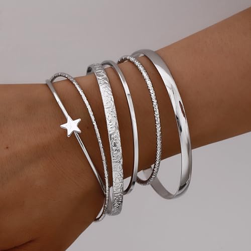 ÌF ME Gold Bangle Bracelets for Women, Indian Bangles Stackable Set, Multi Layer Textured 18K Gold Plated Chunky Bracelets Boho Jewelrys Set - style: silver-star