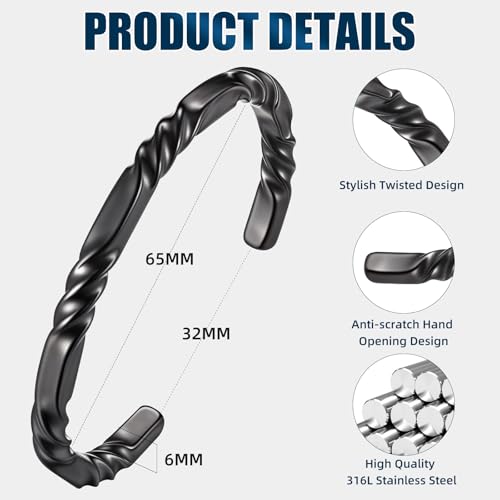 Hisatan Stainless Steel Mens Cuff Bracelet, Minimal Twist Cool Antique Retro/Silver/Black Open Metal Cuff Bangle Bracelets for Men, 65/70mm - color: Black