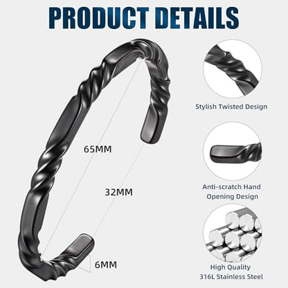 Hisatan Stainless Steel Mens Cuff Bracelet, Minimal Twist Cool Antique Retro/Silver/Black Open Metal Cuff Bangle Bracelets for Men, 65/70mm - color: Black