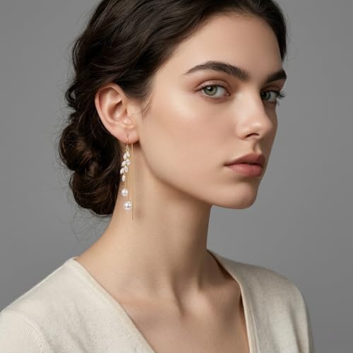 14K Gold Plated CZ Flower Dangle Earrings for Women, Sparkly Cubic Zirconia Long Tassel Drop Earrings, Bridal Wedding Jewelry - color: F:Leaf Pearl Earrings