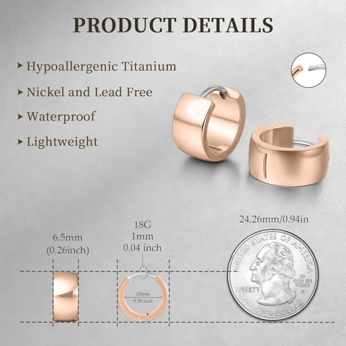 Limerencia Implant Grade Titanium Chunky Wide Huggie Hoop Earrings | Hypoallergenic,G23 Pure Titanium,Waterproof,Thick Huggie for Sensitive Ears - color: Rose Gold