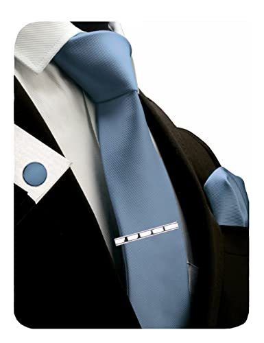 GUSLESON New 3.15"（8cm） Solid Color Necktie and Pocket Square Cufflinks Clip Set - color: Dusty Blue