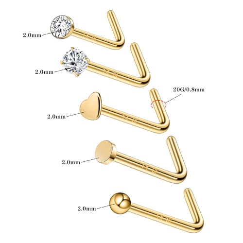 3 Pcs 14K Gold Filled Nose Studs 20G Stainless Steel Stud Nose Ring 2mm/2.5mm/3mm Round CZ L Bend Nose Stud Hypoallergenic Nose Piercing - color: gold 5