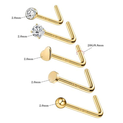 3 Pcs 14K Gold Filled Nose Studs 20G Stainless Steel Stud Nose Ring 2mm/2.5mm/3mm Round CZ L Bend Nose Stud Hypoallergenic Nose Piercing - color: gold 5