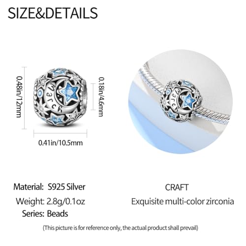 Star Moon 925 Sterling Silver Birthstone Charm for Bracelet Women Jewelry - color: March