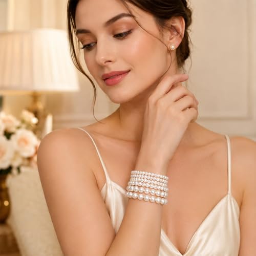 6Pcs Pearl Bracelets for Women, Boho Pearl Bracelet Stack Adjustable Stretch Simulated Pearls Beaded Bracelet for Bridesmaid Bridal Wedding