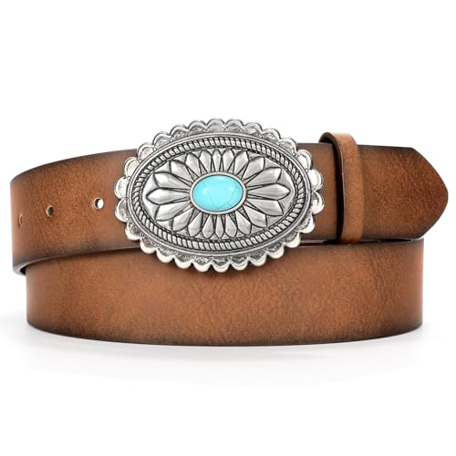 XZQTIVE Women Western Leather Belt Vintage Country Belts For Cowgirl Jeans Dresses Ladies Concho Belt With Turquoise Buckle - size: S Fit Pant 25-29in, style: Coffee With Silver Buckle