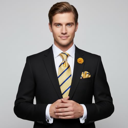 5PCS Mens Silk Tie, Pocket Square, Cufflinks, Drilled Tie Ring and Lapel Pin Set for Wedding Groom Party - color: Gold Tie Set -300+7