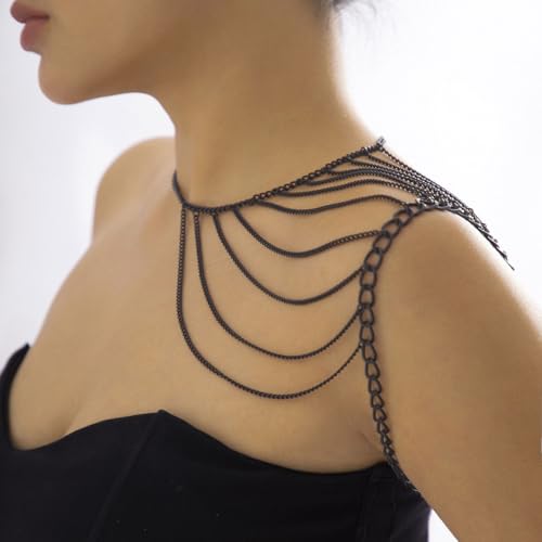 Bethynas Gothic Black Shoulder Chain Necklace Punk Layered Tassel Body Chain Sexy Bra Bikini Cape Wrap Accessories for Women