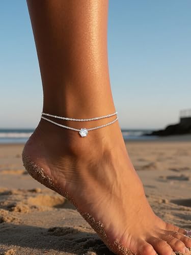 U7 Silver Ankle Bracelet for Women, Waterproof Layered Ankle Round Gem Birthstone Anklets, Summer Beach Foot Jewelry, Adjustable 8.5"-10.5" - color: 04.April-White Diamond