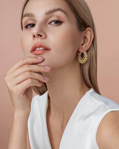 18K Gold Plated Chunky Curve Twisted Open Hoop Statement Stud Earrings with CZ for Women by SNGIA, Large Handmade Spiral Texture Braided Formal Trendy Hoop Jewelry Gifts, Big Circle Geometric Shell Beachy Vacation Fashion Hanging Earrings Accessories, Vin