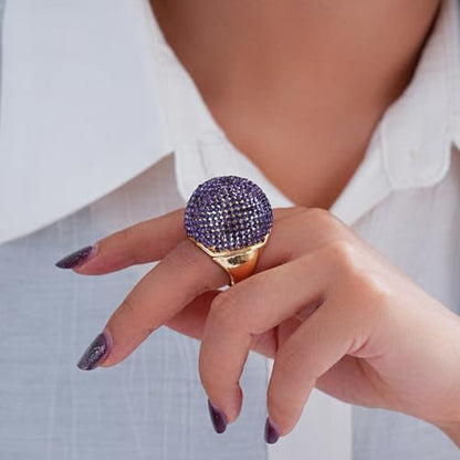 Gold Snowball Rhinestone Cocktail Ring – Adjustable Stretch Sparkling Party Jewelry for Women, Elegant Costume Ring for Evening Wear, Wedding, Prom - color: purple