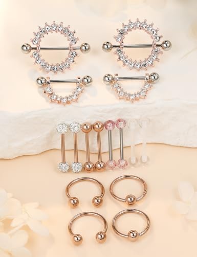 Cisyozi 16G 14G Nipple Piercing Jewelry Tongue Rings Hypoallergenic Surgical Steel Screw Nipple Tongue Shield Ring Barbell Body Piercing Jewelry Retainer for Women 9/16 Inch 14mm - color: D:14G(1.6MM)-8Pairs - Rose Gold