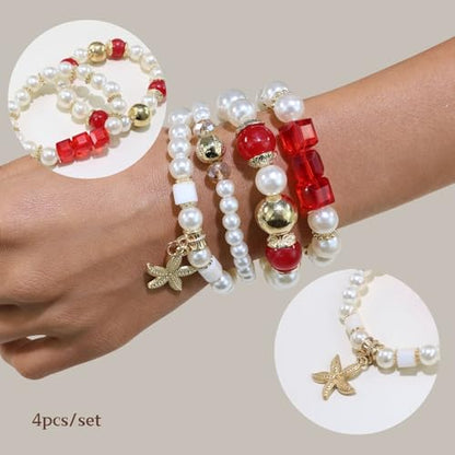 Bohemian Pearl Bracelet Set, 4 Piece Elastic Stretch Beaded Wrist Chain with Starfish Pendant, Boho Faux Pearl Multi-Color Stackable Bracelets for Women - color: Red