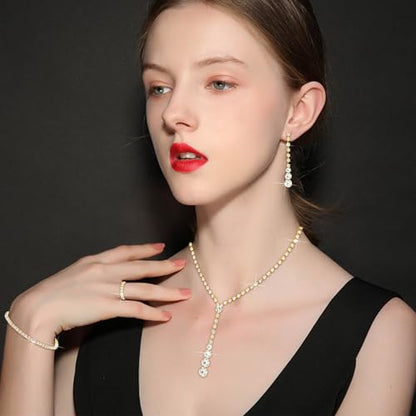 NEWITIN 15 Pieces Gold Jewelry Set for Women Wedding Costume Accessories | Hypoallergenic, Cubic Zirconia, CZ Necklaces Earrings Bracelets Ring, Crystal Jewelry for Wedding Bride Bridesmaid Party Prom - color: Elegant