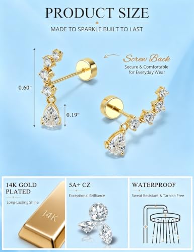 Freekiss Cartilage Flat Back Earrings Hypoallergenic for Sensitive Ears | 14K Gold / Sterling Silver Plated Climbers Earrings for Women Dainty Cz Stud Earring 20G Conch Tragus Helix Piercing Jewelry - color: 5CZ Teardrop-GD