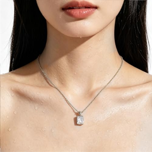 Cubic Zirconia Solitaire Necklace Stainless Steel, Rectangle Color Change Synthetic Alexandrite/Solitaire Necklace Pendant Women - color: Rectangle-Princess cut CZ-S