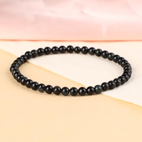 LPBeads Handmade Natural Gemstone Stretch Elastic Bracelet Healing Crystal Round Stone Beads Jewelry Gifts for Women Men - color: Black Obsidian, size: 4mm