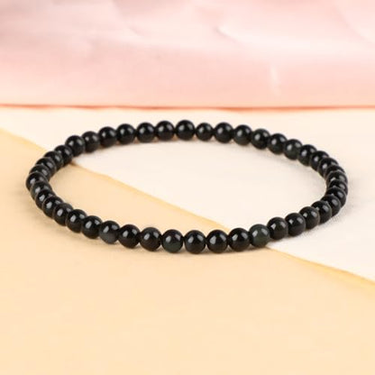 LPBeads Handmade Natural Gemstone Stretch Elastic Bracelet Healing Crystal Round Stone Beads Jewelry Gifts for Women Men - color: Black Obsidian, size: 4mm