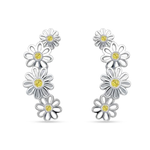 LeCalla 925 Sterling Silver Ear Crawler Earrings for Women | Flower Ear Climber Earring with Cubic Zirconia | Hypoallergenic CZ Stud Earring Cartilage Jewelry 20MM