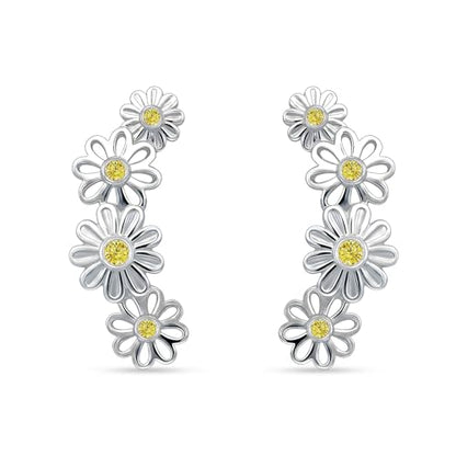 LeCalla 925 Sterling Silver Ear Crawler Earrings for Women | Flower Ear Climber Earring with Cubic Zirconia | Hypoallergenic CZ Stud Earring Cartilage Jewelry 20MM