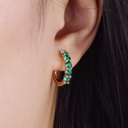 Evabelle Gold Hoop Earrings for Women 14K Real Gold Plated Cubic Zirconia Diamond Hoop Earrings Huggie Hoop Earring Women Earrings Earring for Men 925 Sterling Silver Post Hypoallergenic - color: Hoops 05-Emerald-14K Gold Plated