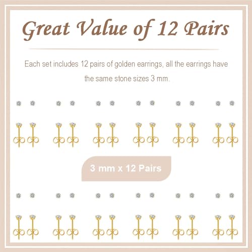 12 Pairs Stud Earrings Set, Hypoallergenic Surgical Stainless Steel 316L Earring for Women Men, Small Earring Studs Pack with Cubic Zirconia - color: Gold-3mm x 12 Pairs