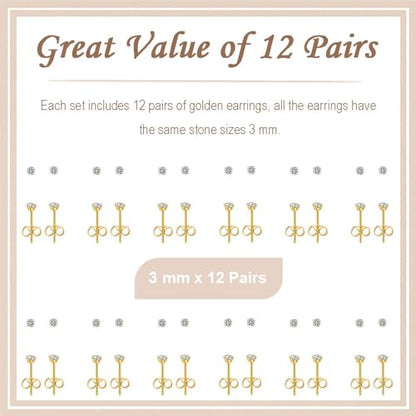 12 Pairs Stud Earrings Set, Hypoallergenic Surgical Stainless Steel 316L Earring for Women Men, Small Earring Studs Pack with Cubic Zirconia - color: Gold-3mm x 12 Pairs