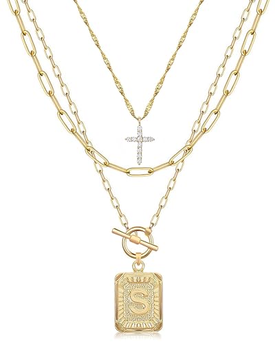 MJartoria Layered Initial Necklaces for Women Trendy, 14K Gold Plated Brass Simple Dainty Cross Choker Square Letter Pendant Necklace, Paperclip Chain Necklaces Jewelry - color: Gold, style: S
