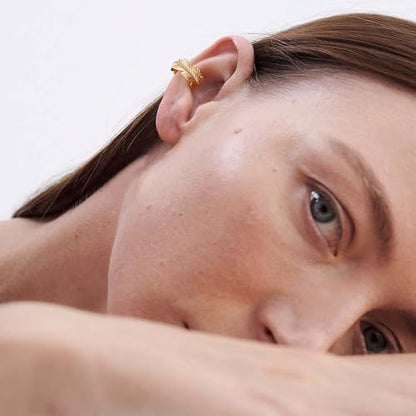 Gold Ear Cuff Earring for Women 14K Gold Plated Cubic Zirconia Non-Pierced Clip on Cartilage Chunky Ear Cuffs Hypoallergenic Jewelry - style: leaf