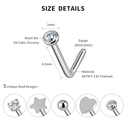 ASTM F136 Titanium Nose Studs Set - 5PCS 20G Nose Nostril Body Jewelry, Pin Piercing Kit Jewelry Gift, Hypoallergenic Nickel Free(L-shaped - Silver)