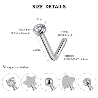 ASTM F136 Titanium Nose Studs Set - 5PCS 20G Nose Nostril Body Jewelry, Pin Piercing Kit Jewelry Gift, Hypoallergenic Nickel Free(L-shaped - Silver)
