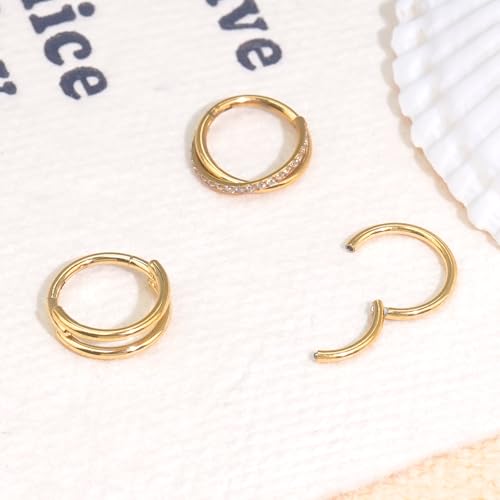 davka Nose Ring Set, 18G Hinged Hoop 8mm & 20G Nose Studs, Stainless Steel & Gold Plated, Hypoallergenic, Multiple Styles Nose Piercing Jewelry - color: Gold/3Pcs Hoops/18gauge 8mm/Set D