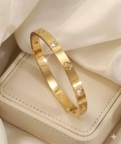 Gold Bangle Bracelet with Crystal Stones, Clover Design, Hinged Cuff, Stainless Steel