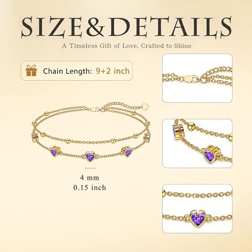 Midari 18K Yellow Gold Gemstone Birthstone Anklet Bracelet Heart Jewelry with 12 Months Birthstone Birthday Gifts for Women Wife Her Daughter Mom - color: 02-Feb-Amethyst, size: Anklet 9"-11"