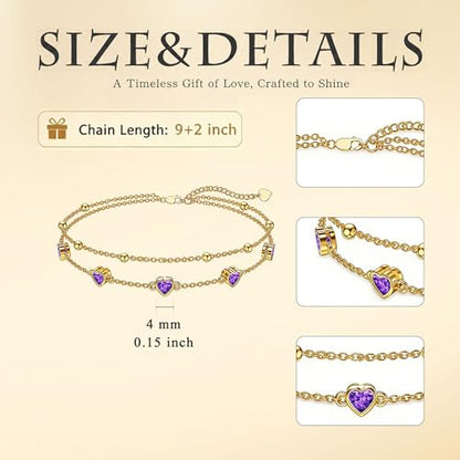 Midari 18K Yellow Gold Gemstone Birthstone Anklet Bracelet Heart Jewelry with 12 Months Birthstone Birthday Gifts for Women Wife Her Daughter Mom - color: 02-Feb-Amethyst, size: Anklet 9"-11"