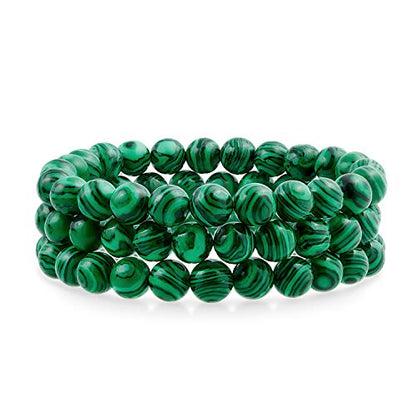Bling Jewelry Unisex Stackable Set Of 3 Gemstone Round Bead 8MM Stretch Bracelet For Women Teen Men Multi Strand Stacking Adjustable - color: Green Malachite
