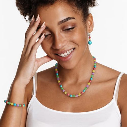 Beaded Necklaces for Women 3Pcs Colorful Boho Gemstone Bead Choker Summer Natural Stone Surfer Beach Bead Necklace Bracelets Earring Set Handmade Jewelry for Women Gift Jewelry Sets - color: Rainbow