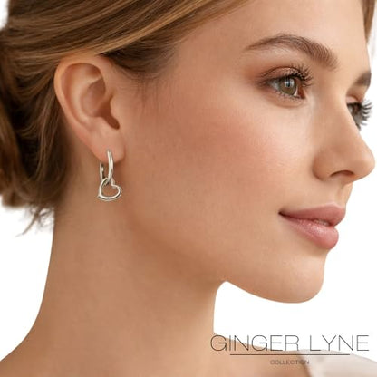 Open Heart Charm Hoop Earrings for Women by Ginger Lyne | 18K Gold Plated Stainless Steel Lightweight 12mm Classic Round Clicker for Lobe Cartilage Piercing Body Jewelry for Her - color: Silver Tone