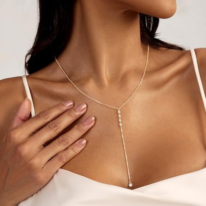 Zeffy Lariat Gold Necklace for Women, Dainty Long Necklace 14k Gold/Silver Plated Layered CZ Beaded Bar Chain Y-Shaped Body Chain Stack Drop Wedding Necklace Trendy Simple Gold Jewelry Gifts - color: Gold CZ Y Necklace(1PCS)